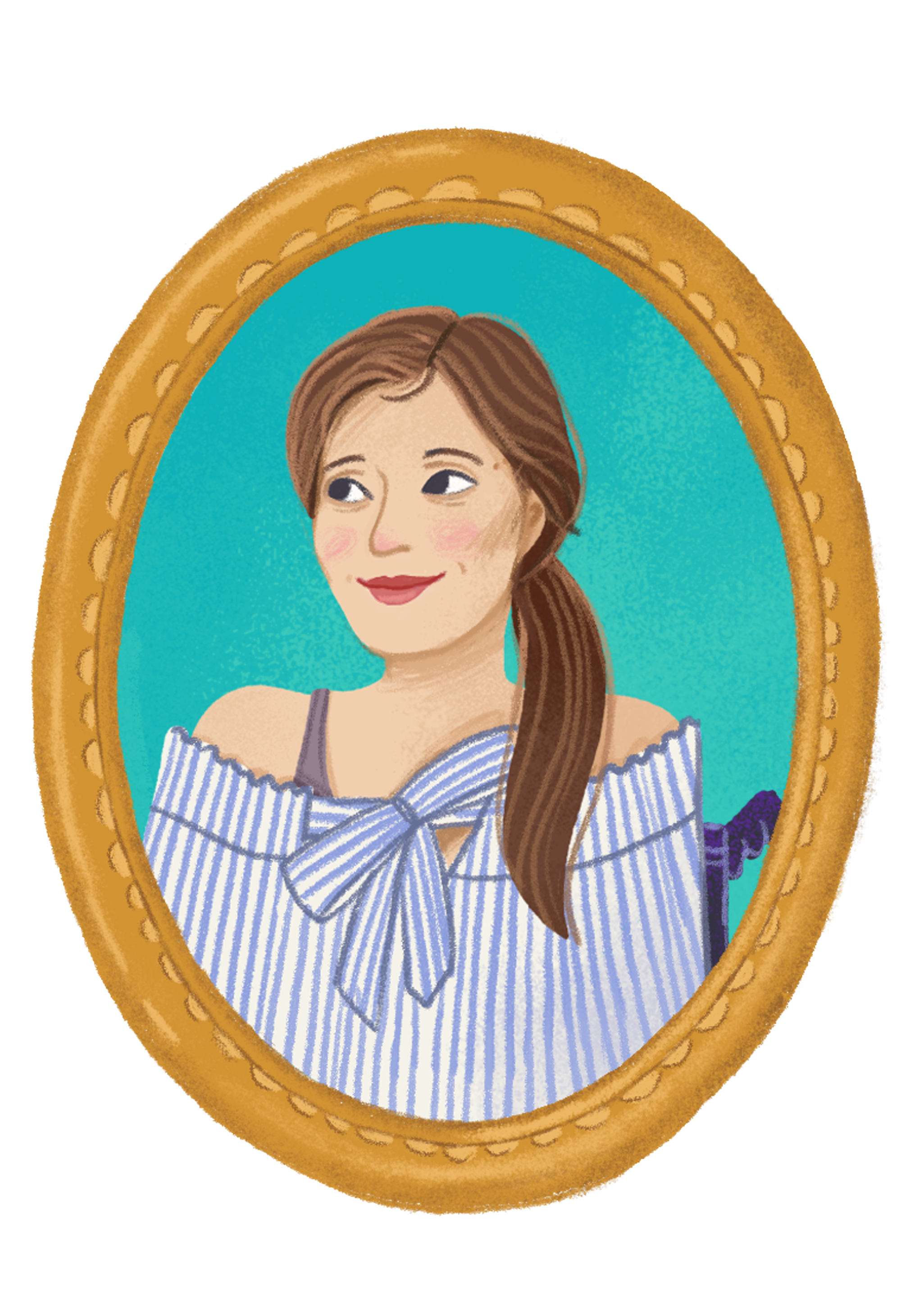 Das Bild zeigt ein Porträt von Adina Hermann mit langen braunen Haaren und einem off-shoulder Top mit blauen Streifen. Das Porträt ist in einem ovalen, goldenen Rahmen dargestellt, was ihm eine klassische und elegante Ausstrahlung verleiht.