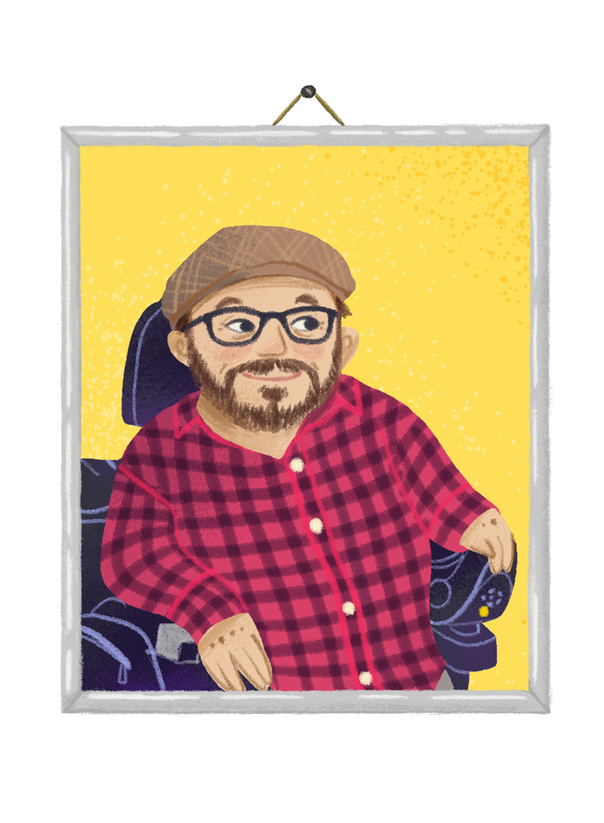 Das letzte Bild zeigt das Porträt von Raul Krauthausen mit Bart und Brille, der ein kariertes Hemd trägt und in einem Rollstuhl sitzt. Der Hintergrund ist gelb mit einem Sprüh-Effekt, und das Bild scheint an einer Wand aufgehängt zu sein.